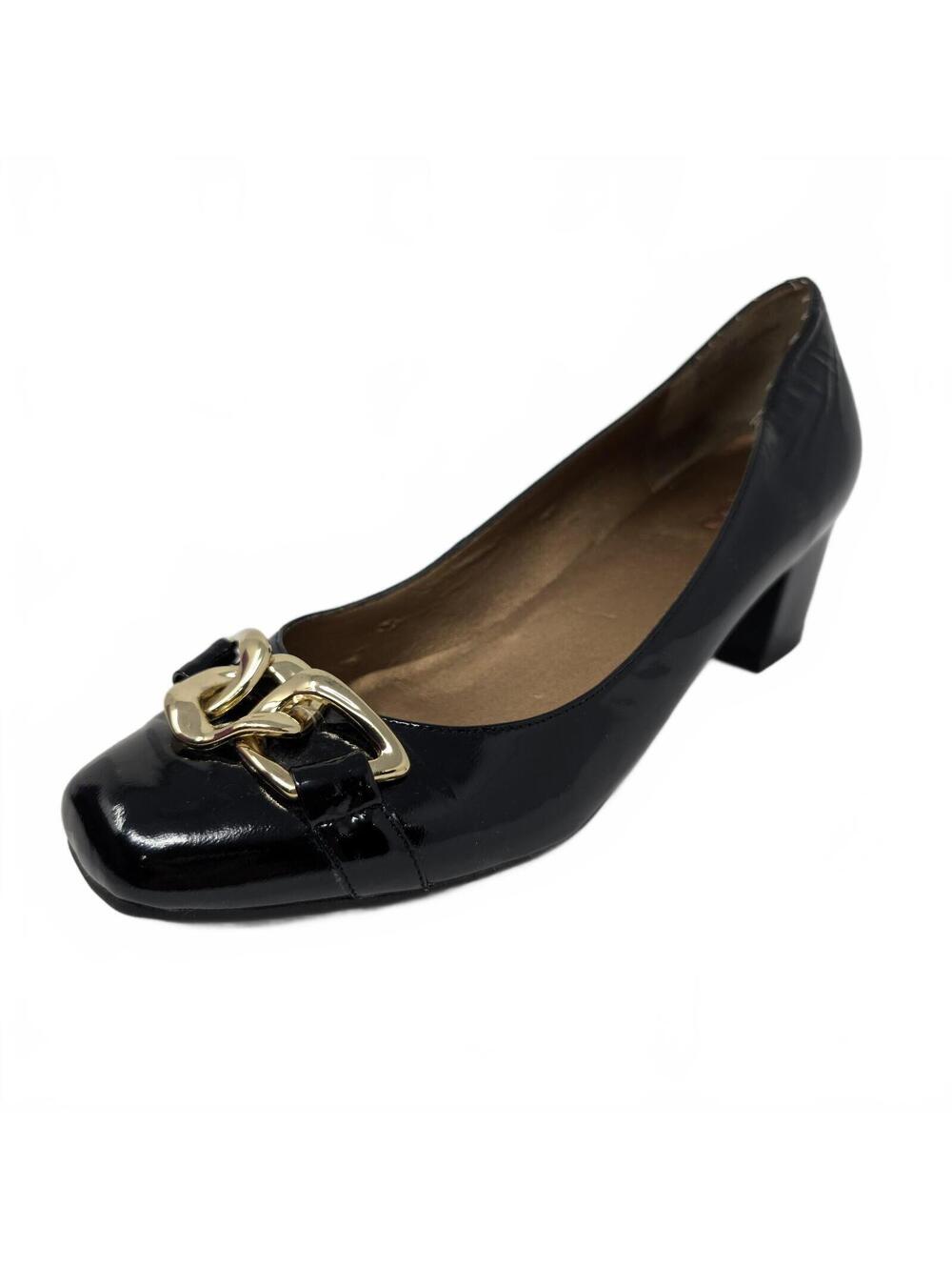 Me Too 11 Black Peri Patent Leather Pumps 2" Square Heel GUC Career Office